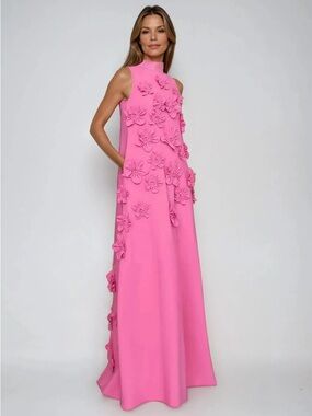 High-Neck Pink Maxi Dress with 3D Floral Appliqués